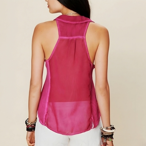 Free People ✦ Button-Down Top ✦ Rich Pink Sheer Seam Stripes Sleeveless Collared - Picture 3 of 9